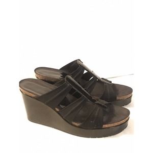 Donald J. Pliner Belle Black Patent Leather Open Toe Cork Wedge Heel Sandal Sz 9